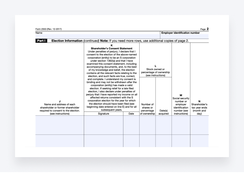 Form 2553 Part I: Election Information, displaying items J to N.