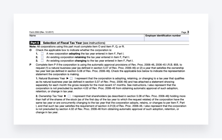 Form 2553 Part II: Selection of Fiscal Tax Year, displaying items O and P.