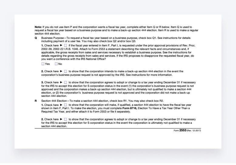 Form 2553 Part II: Selection of Fiscal Tax Year, displaying items Q and R.