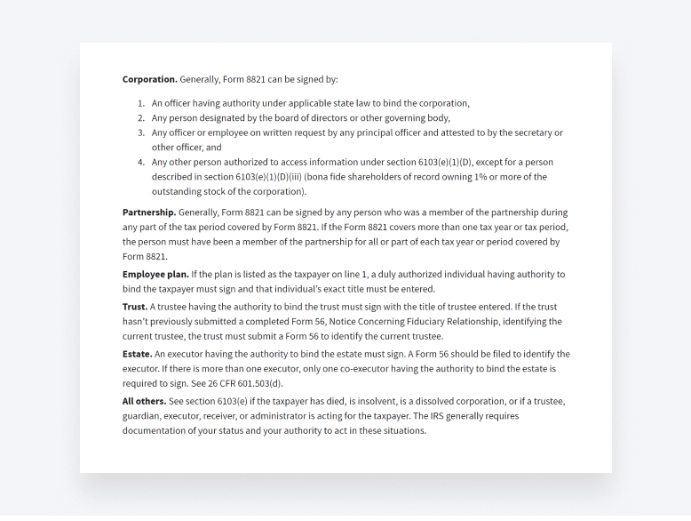 Screenshot of IRS instructions for section six of Form 8821.