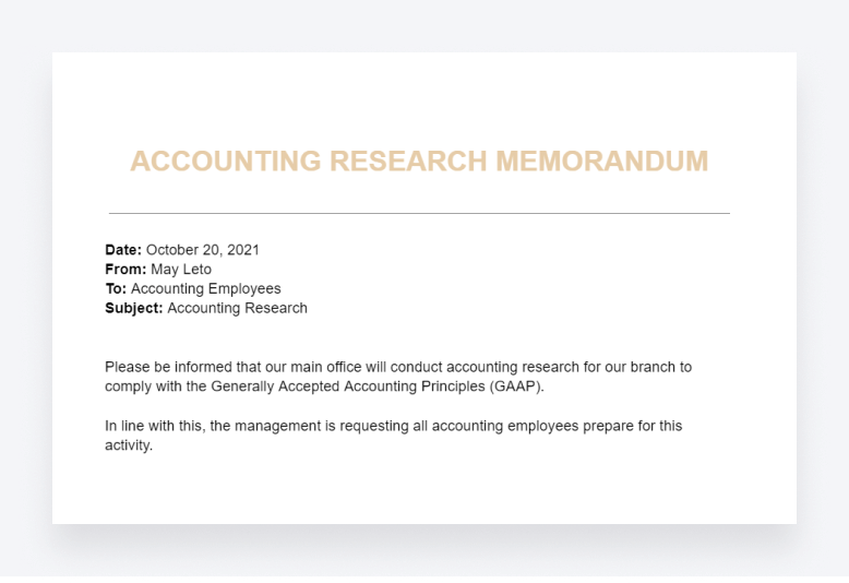 An accounting research memo, communicating requested research activities to comply with GAAP