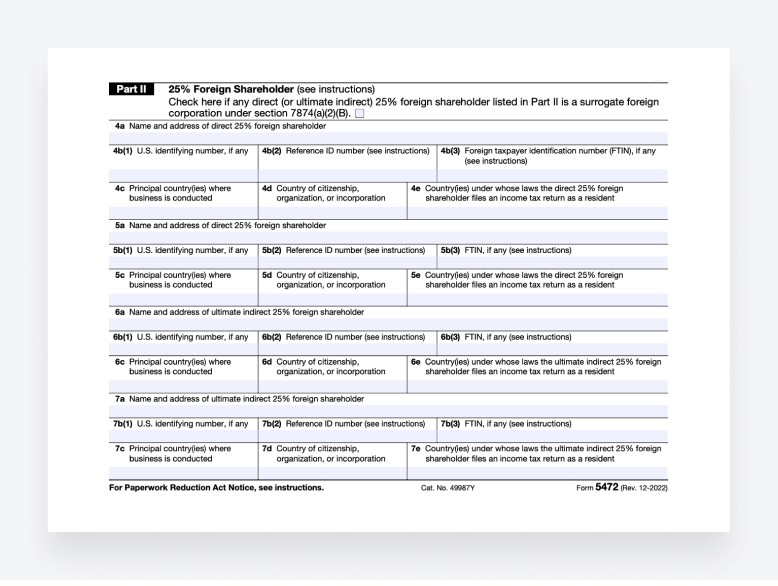 Part II of Form 5472 is for providing information on 25% foreign shareholders.