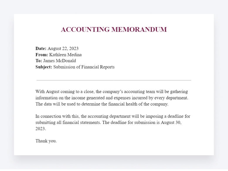 An accounting memo, informing of an upcoming financial reporting deadline