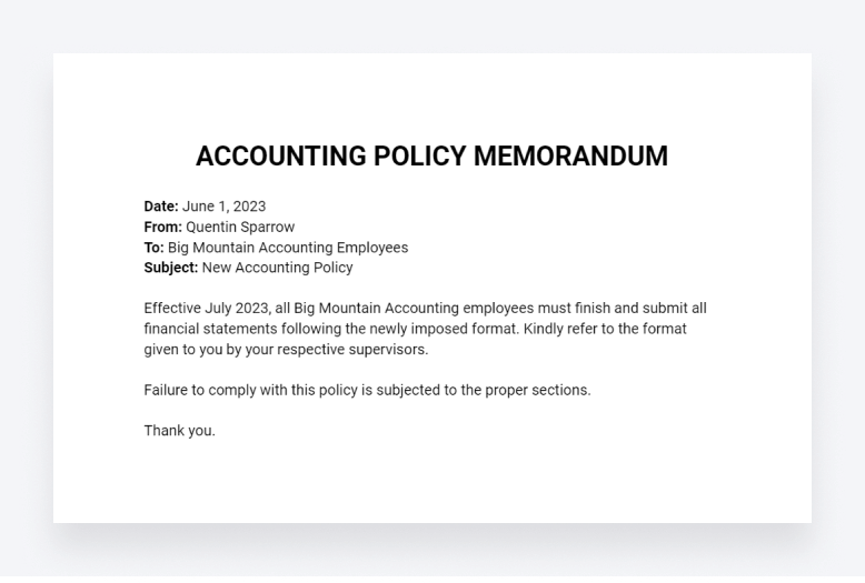 An accounting memo, informing all accounting employees about a major procedural change
