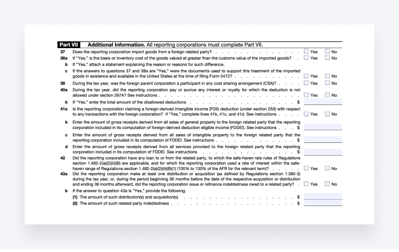 Part VII of Form 5472, which is for providing additional information about reporting corporations.