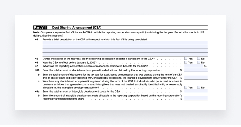 Part VIII of Form 5472 is for providing information about Cost Sharing Arrangements (CSA).