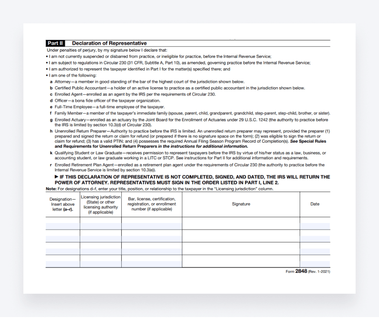 A screenshot of the "Declaration of Representative" section of IRS Form 2848. 