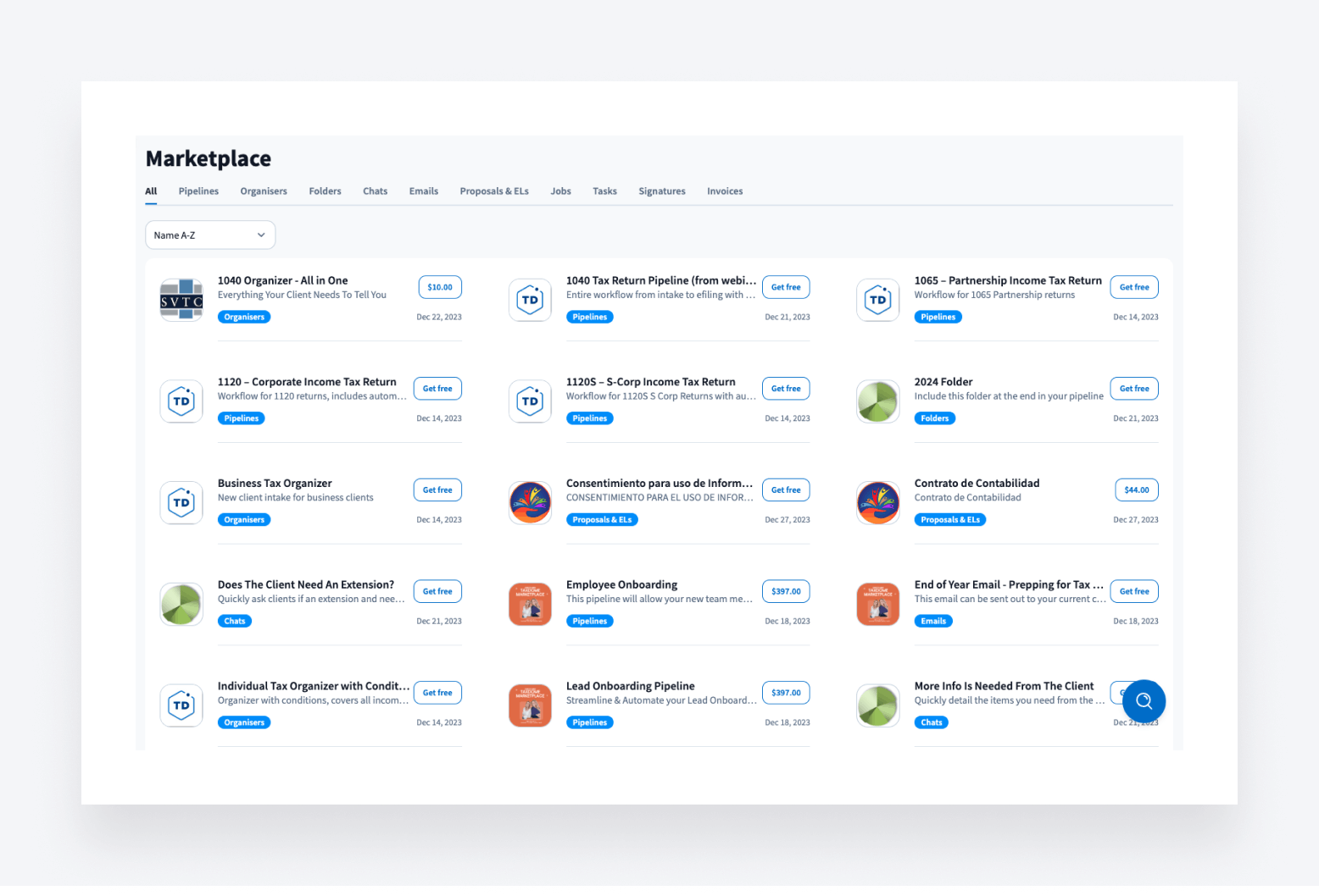 On TaxDome Marketplace, download templates for pipelines, organizers, folders, chats and more.