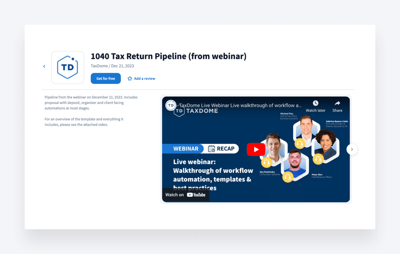 1040 Tax Return Pipeline is another free TaxDome template you can download on TaxDome Marketplace.