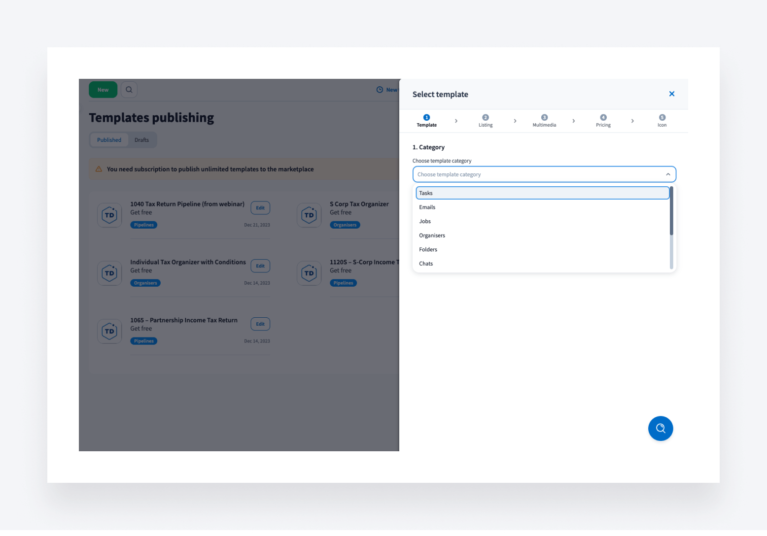 Publishing templates to TaxDome Marketplace involves a straightforward five-step process.