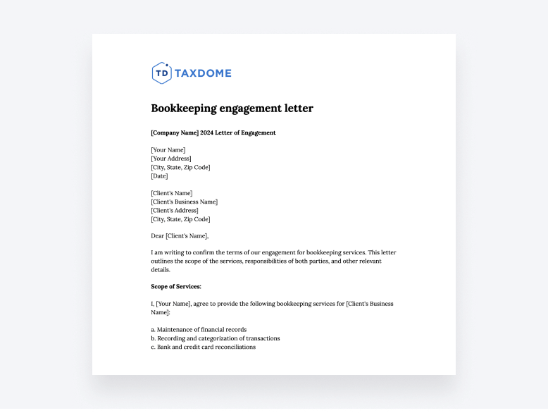A free, downloadable bookkeeping engagement letter template.