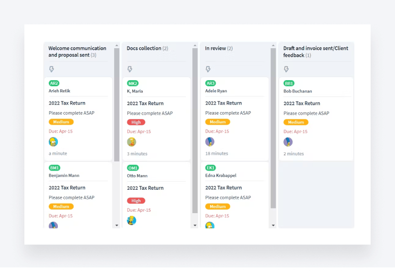 Kanban view in TaxDome, showing where different jobs are within a workflow.