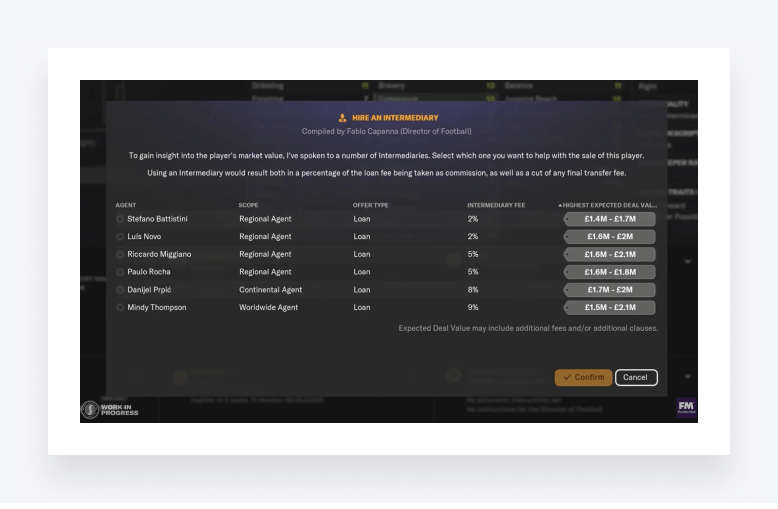 Managing the cost of hiring an intermediary in Football Manager.