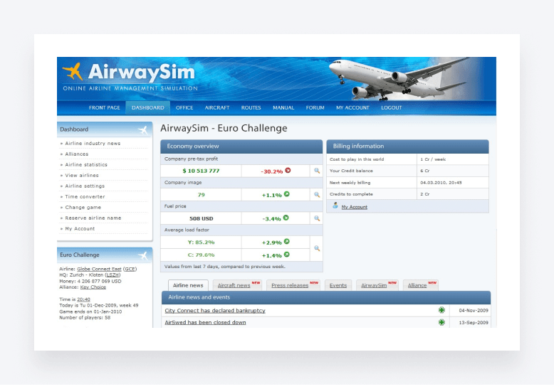 Economy overview and billing information on AirwaySim