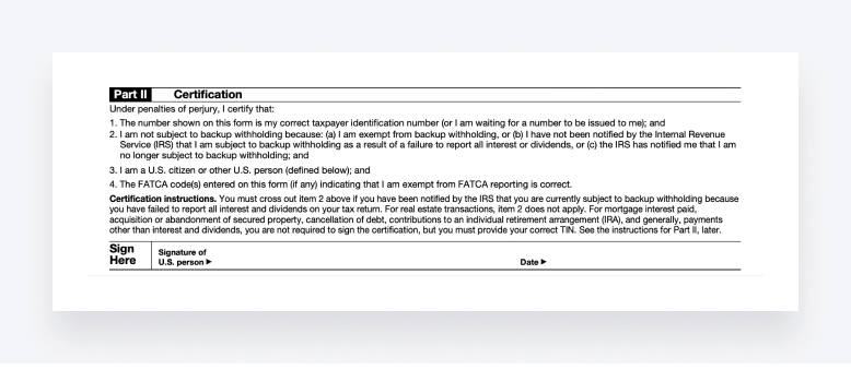 Part II of Form W-9 asks for a signature to certify the information provided.