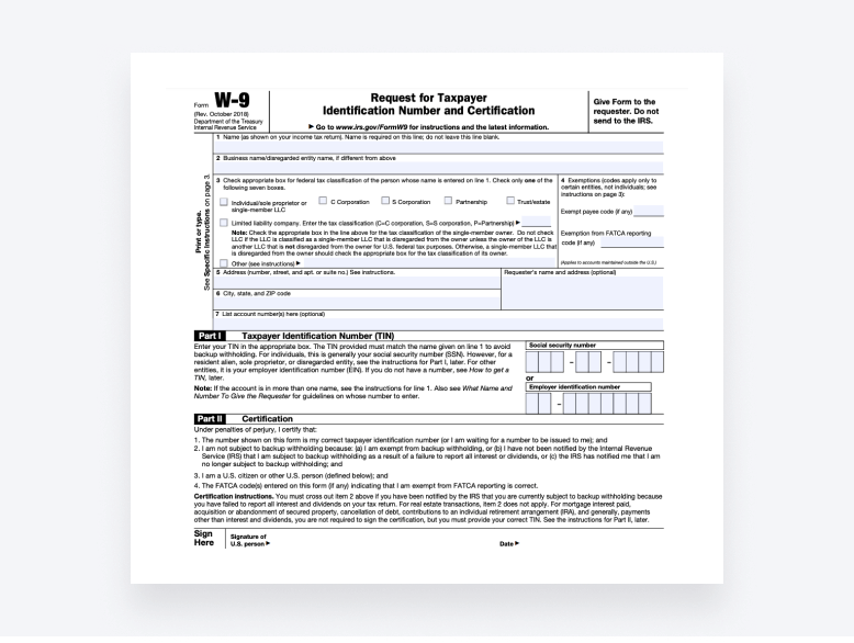 IRS Form W-9, used for the request of a Taxpayer Identification Number (TIN) and certification.