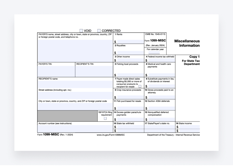 IRS Form 1099-MISC, used for the reporting of miscellaneous payments to the IRS.