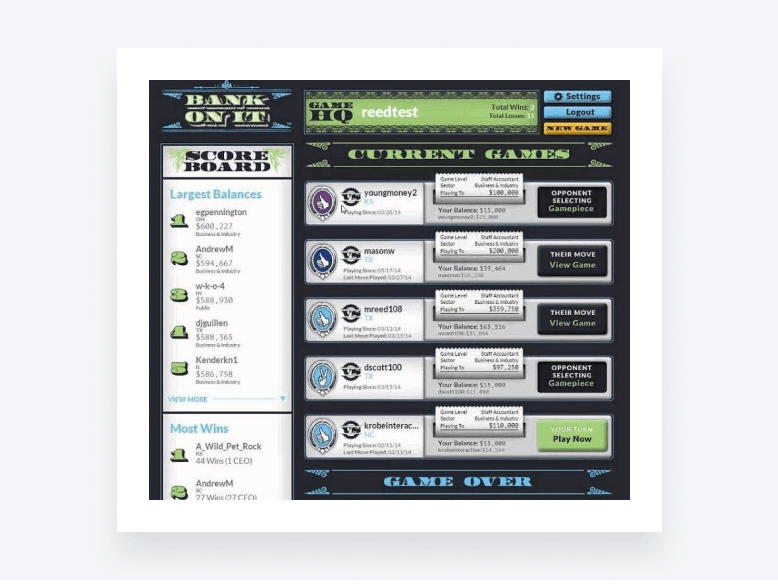 Bank On It scoreboard displays current games and largest balances. 