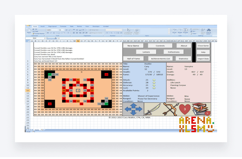 Gameplay in Arena.Xlsm, an accounting RPG played in Excel.