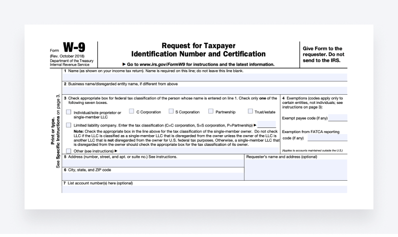 The first section of Form W-9 asks for personal information, federal tax classification and exemption codes.