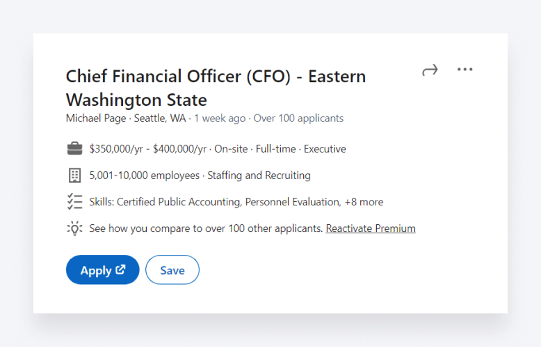Image showcasing a vacancy for a CFO role at a company with 5,001-10,000 employees in Seattle.