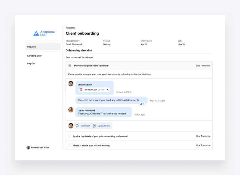 An image showcasing Karbon' client portal onboarding capabilities.