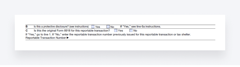 A screenshot of IRS Form 8918, showing lines B and C.