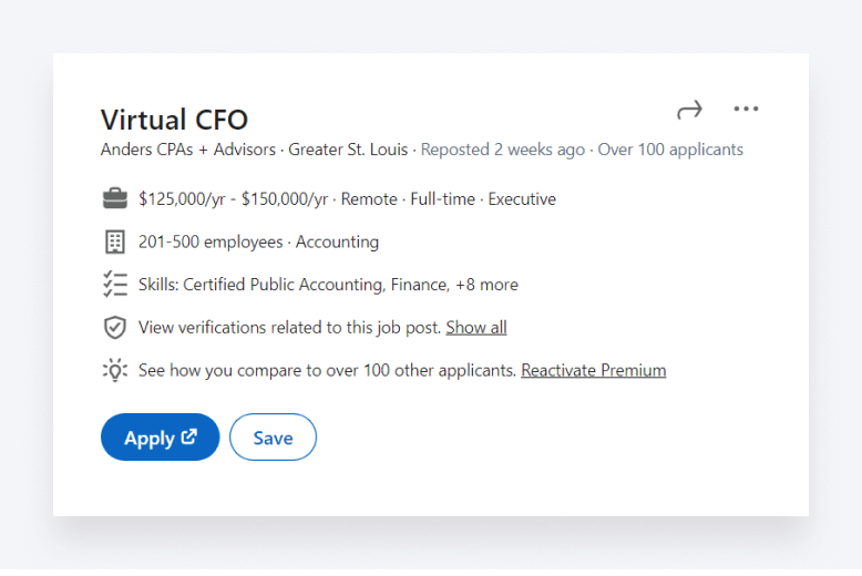 Image displaying a virtual CFO position available at an accounting firm with 201-500 employees in Greater St. Louis.