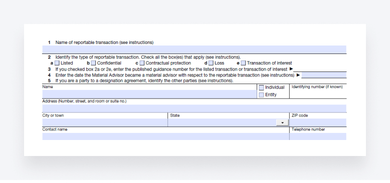 A screenshot of IRS Form 8918, showing lines 1 to 5.