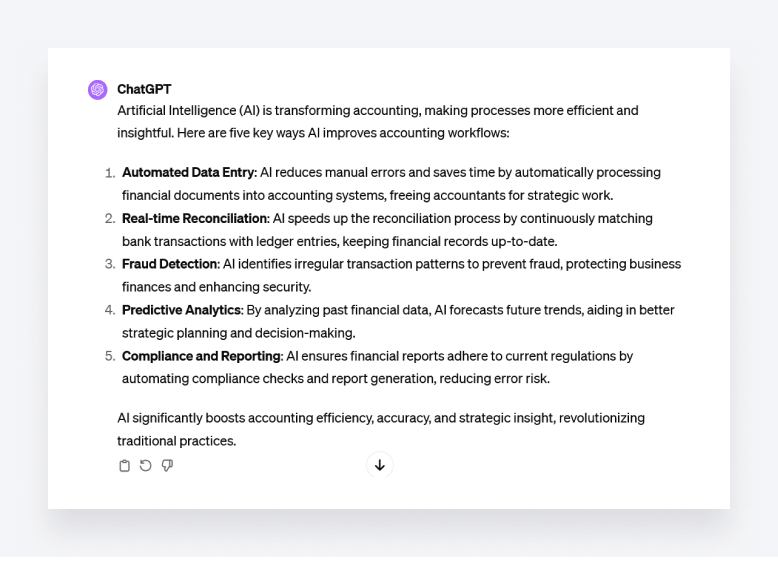 Chat GPT listing and explaining five key ways it improves accounting workflows.