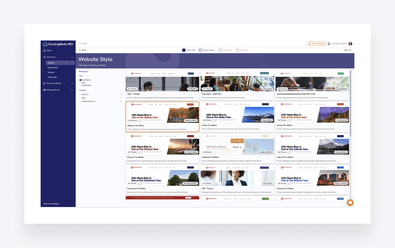 A screenshot of CountingWorks PRO's website builder for accounting and bookkeeping firms.