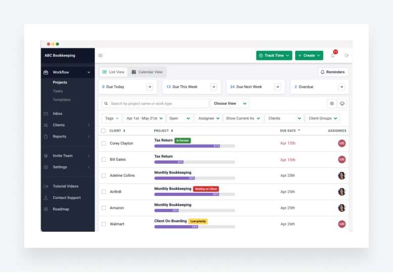 A screenshot showing workflow management in Financial Cents.