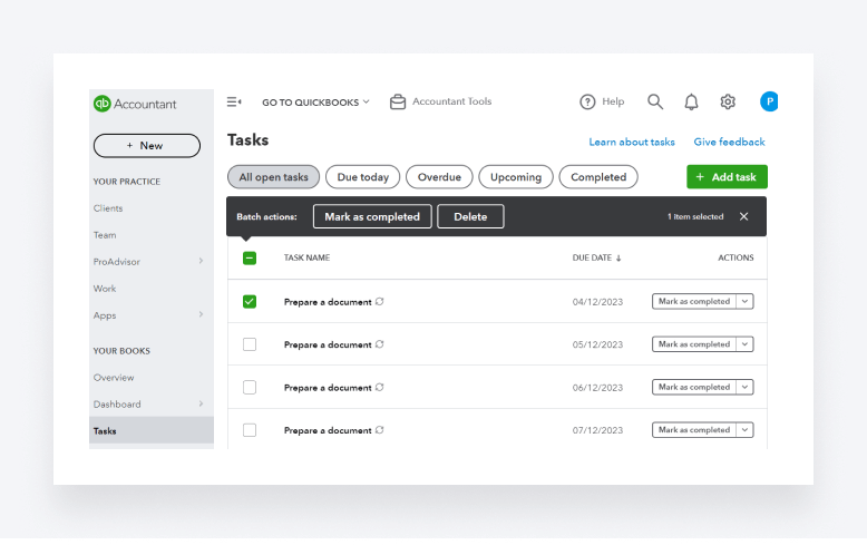 A screenshot showing task management in QuickBooks Online Accountant.