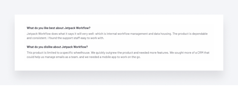 A user review of Jetpack Workflow, explaining what the user likes and dislikes about the platform.