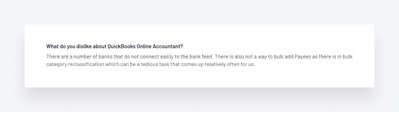 A screenshot of a review of QuickBooks Online Accountant, focusing on what the user dislikes most.