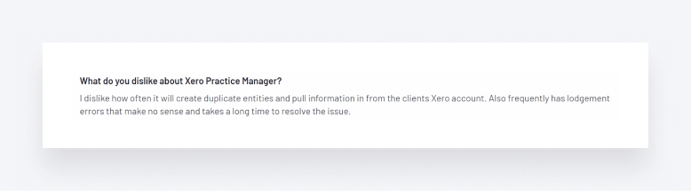 A screenshot of a review of Xero Practice Manager, focusing on what the user dislikes about the platform.