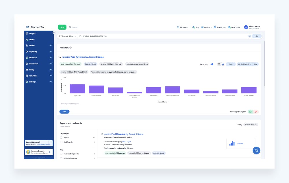 Image showcasing TaxDome’s AI reporting capabilities.