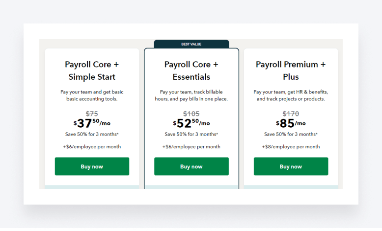 An example of a base fee + per employee pricing structure with different pricing tiers from QuickBooks Payroll.