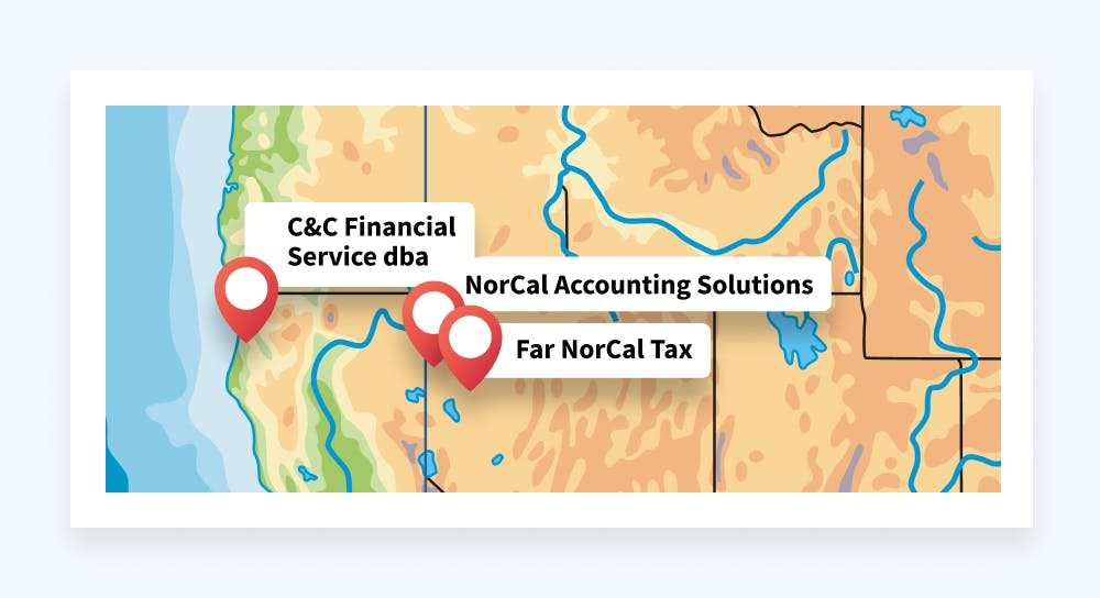 Image of a map of Northern California with accounting firm names and locations.