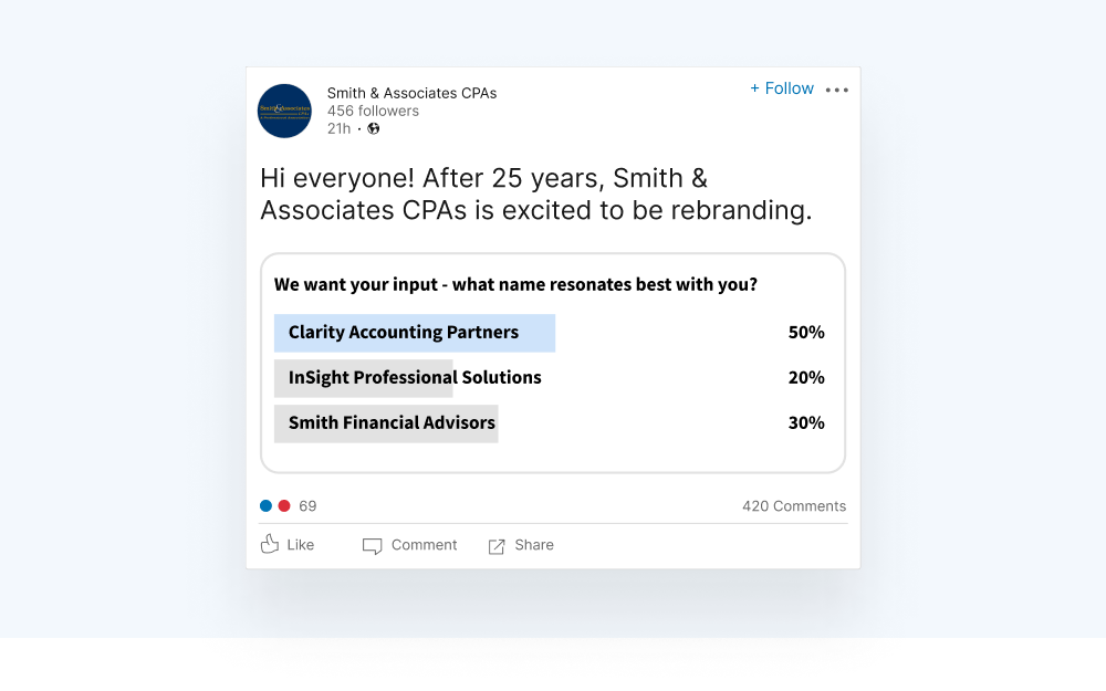 Image of a LinkedIn poll for choosing a new accounting firm name