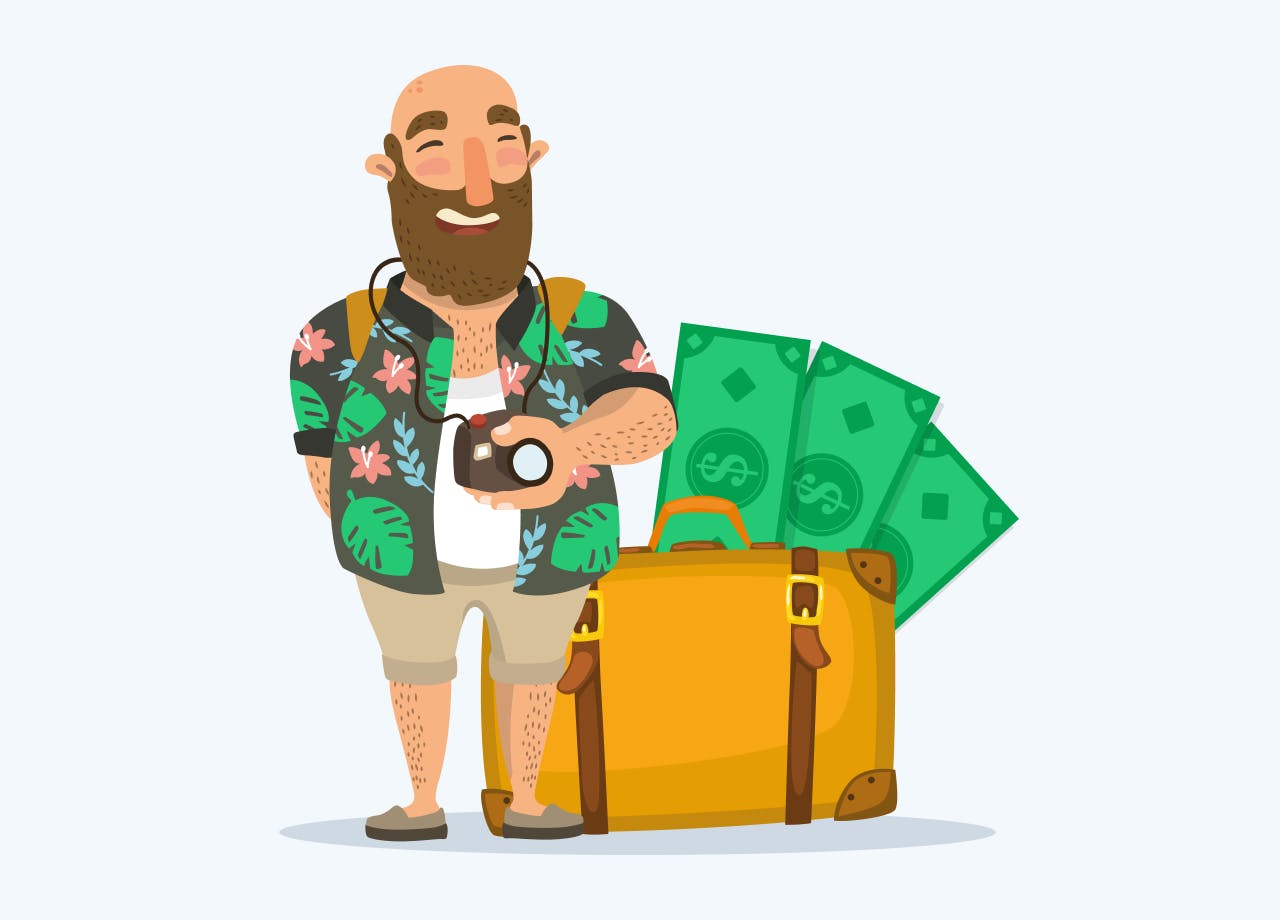 A tax haven costume with tropical island shirt and a bag full of money.
