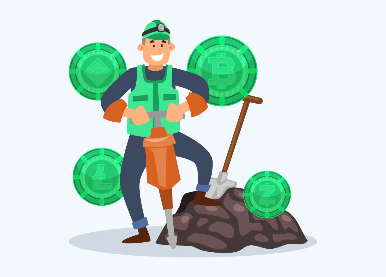 A crypto miner costume with a pickaxe and cryptocurrency logos.
