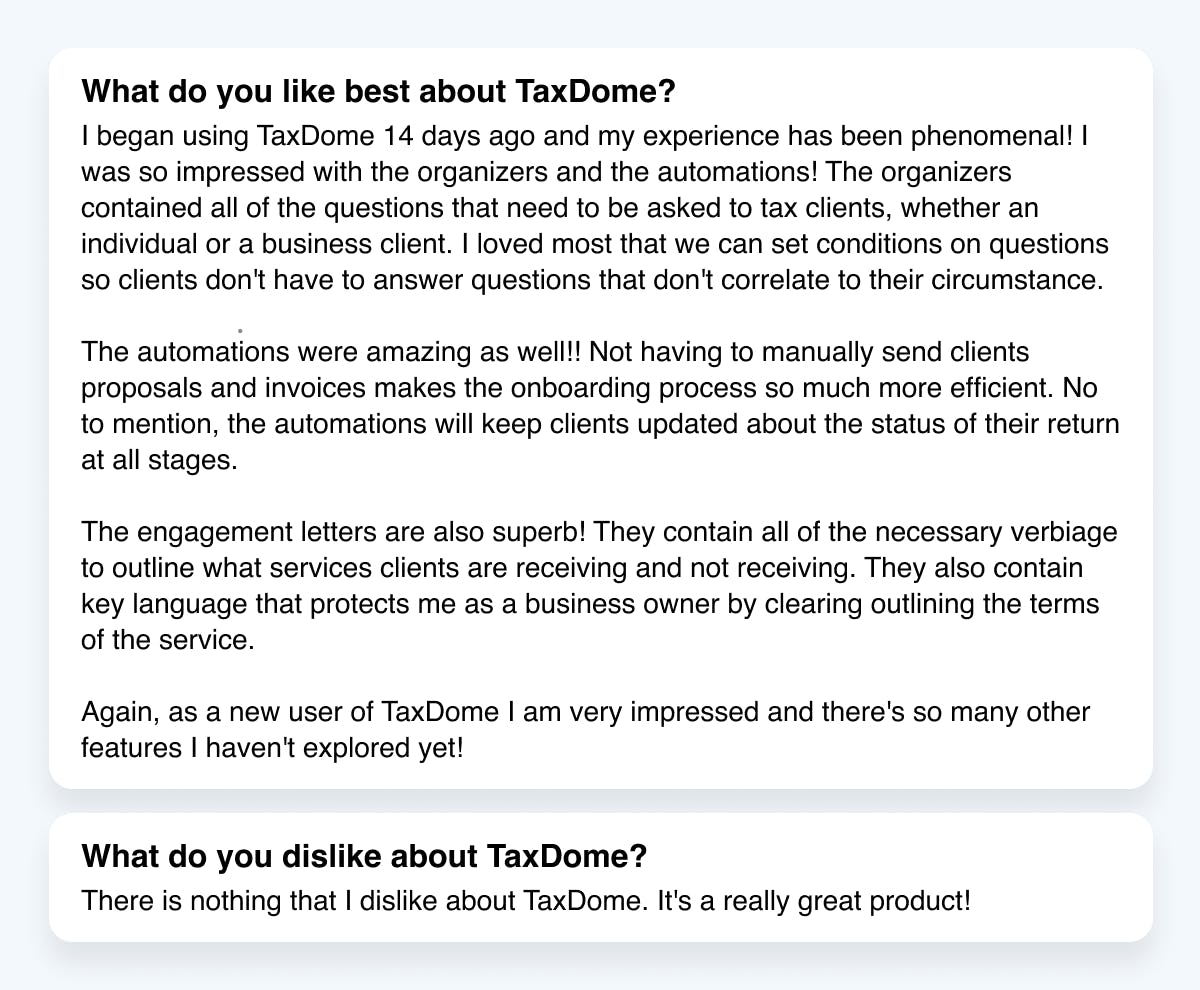 Screenshot of a user review listing things they like and dislike about TaxDome.