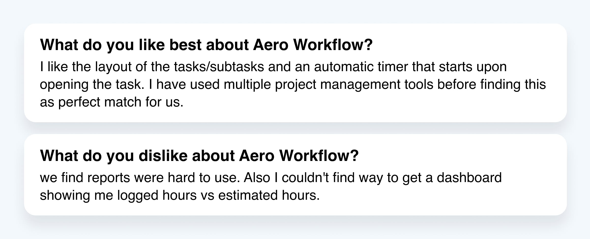 Screenshot of a user review listing things they like and dislike about Aero Workflow.