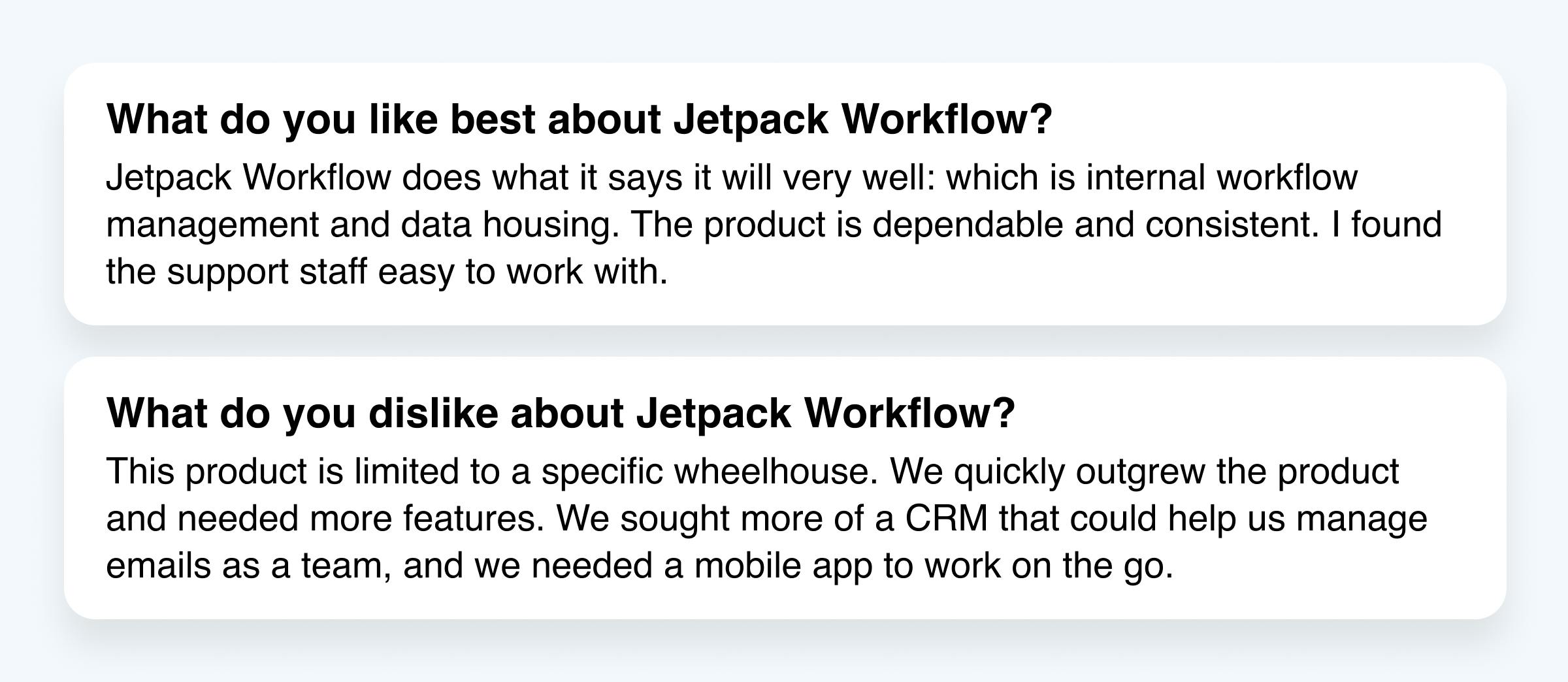 Screenshot of a user review listing things they like and dislike about Jetpack Workflow.