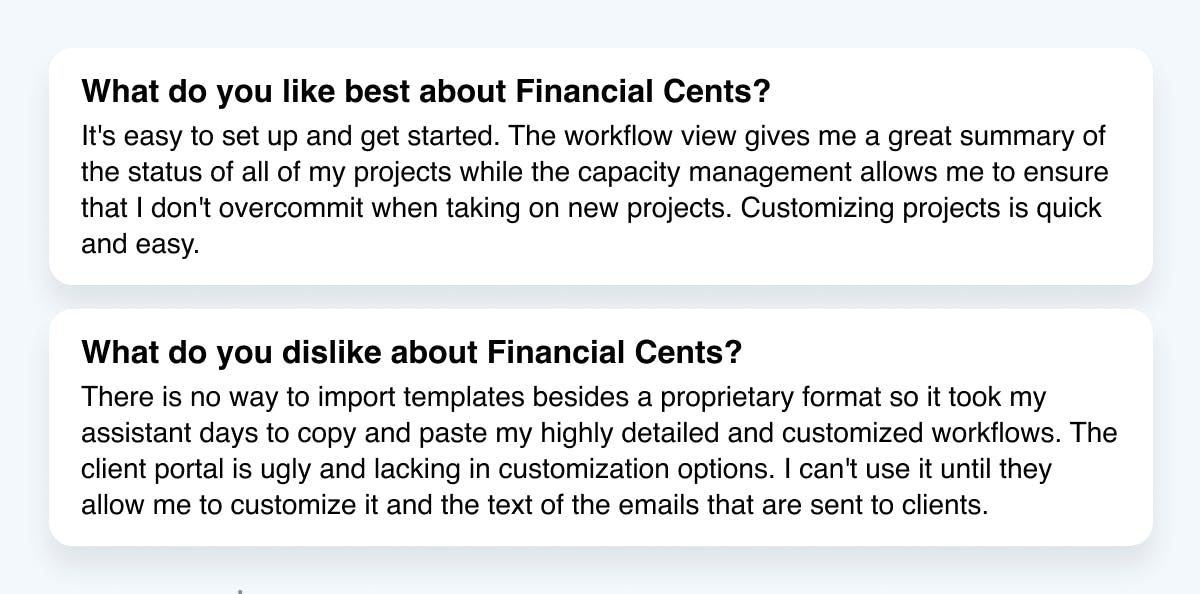 Screenshot of a user review listing things they like and dislike about Financial Cents.