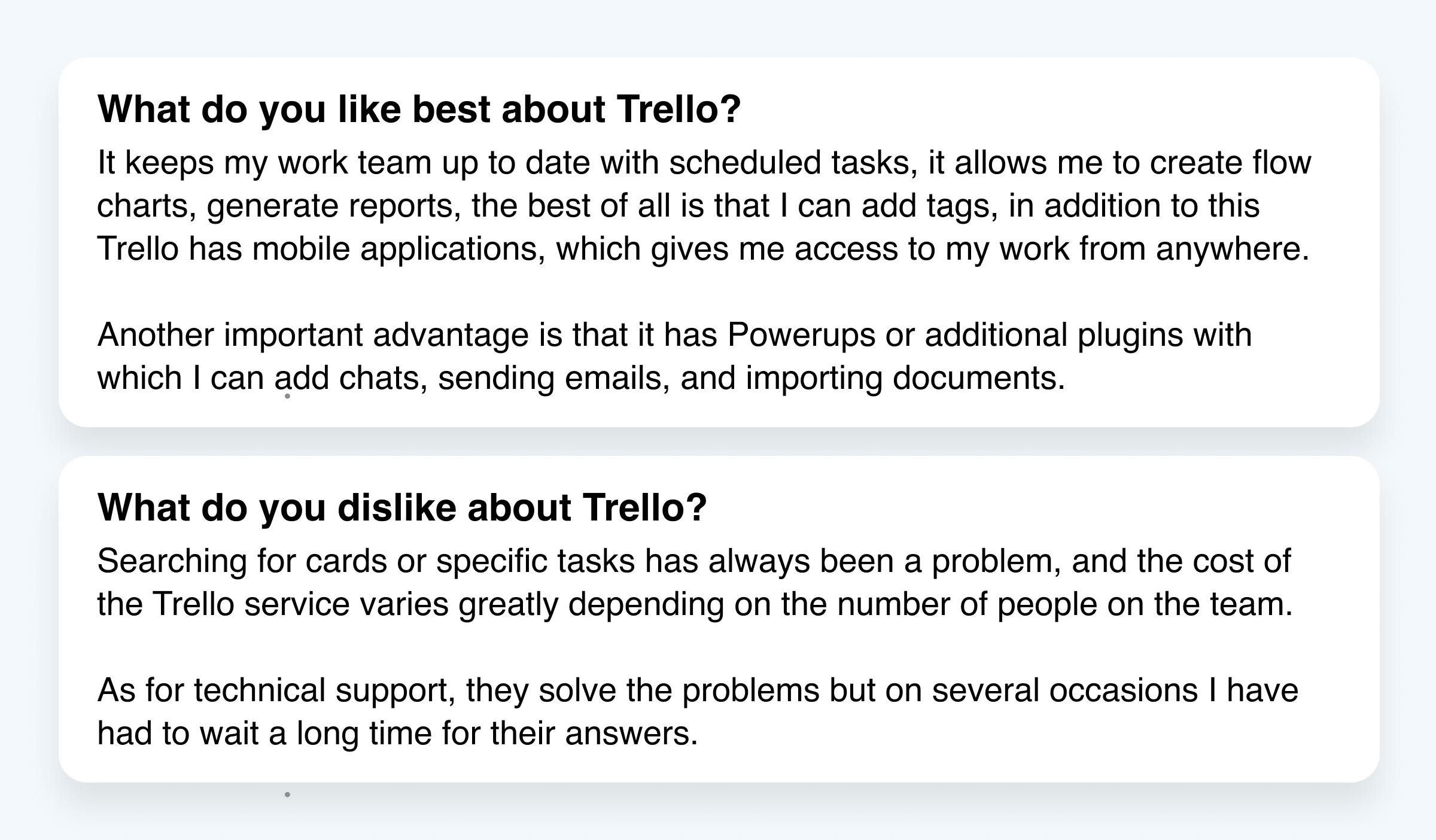 Screenshot of a user review listing things they like and dislike about Trello.