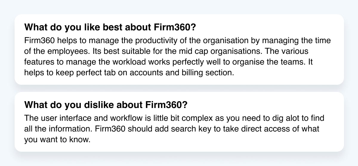 Screenshot of a user review listing things they like and dislike about Firm360.