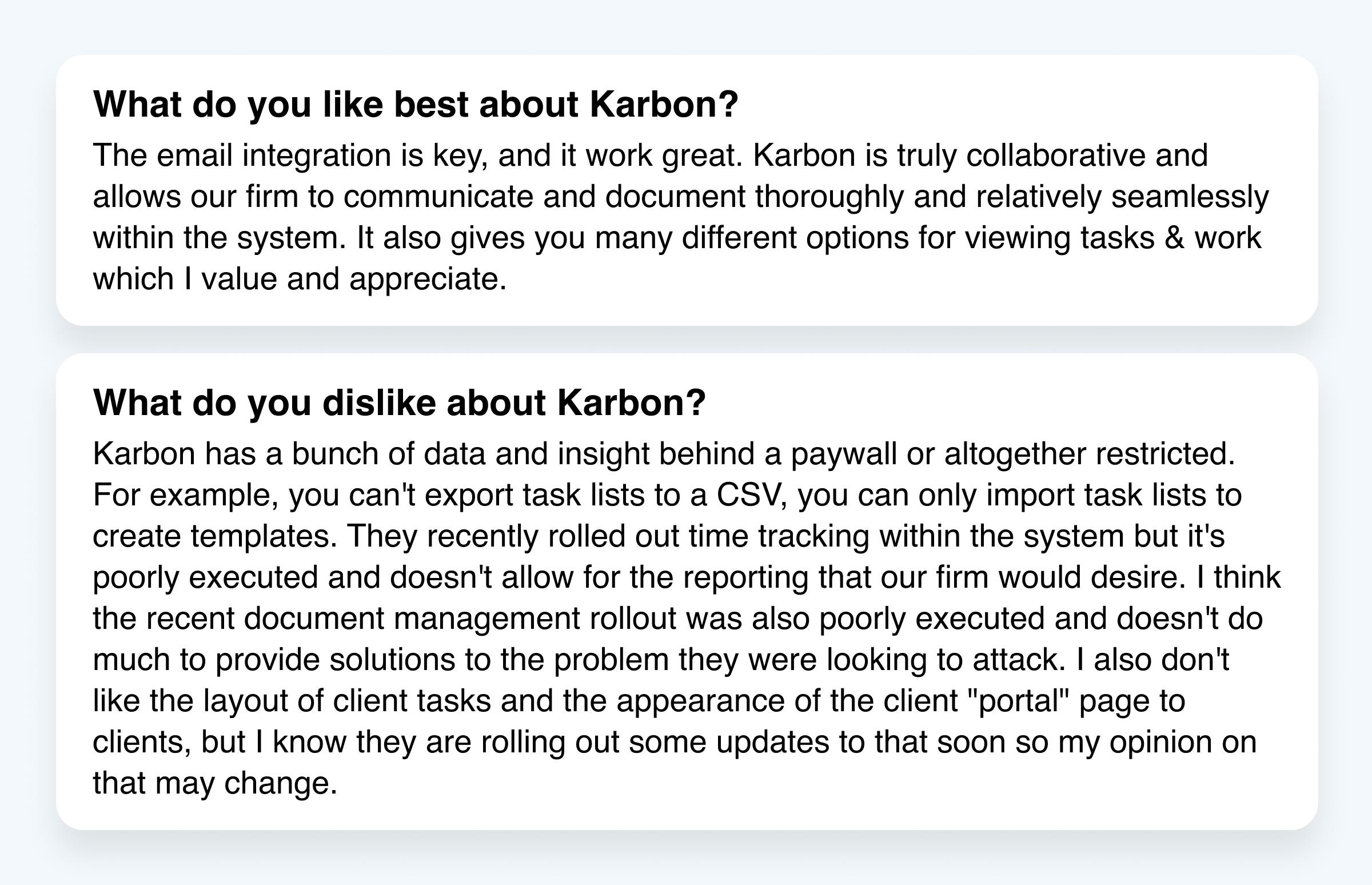 Screenshot of a user review listing things they like and dislike about Karbon.