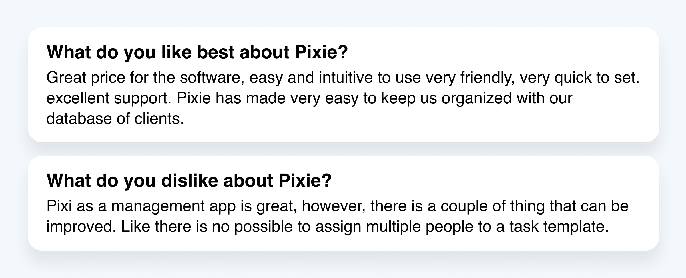Screenshot of a user review listing things they like and dislike about Pixie.